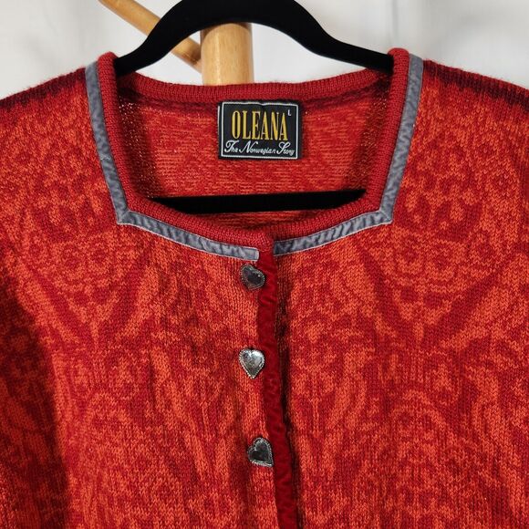OLEANA $555 Large Norwegian Espeland Red Orange 100% Wool Heart Button Cardigan - Picture 3 of 9